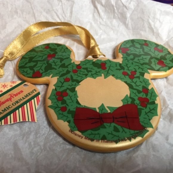 NWT Disney Parks Mickey Mouse Ceramic Christmas 2 Sided Ornament Castle & Wreath - Picture 2 of 8